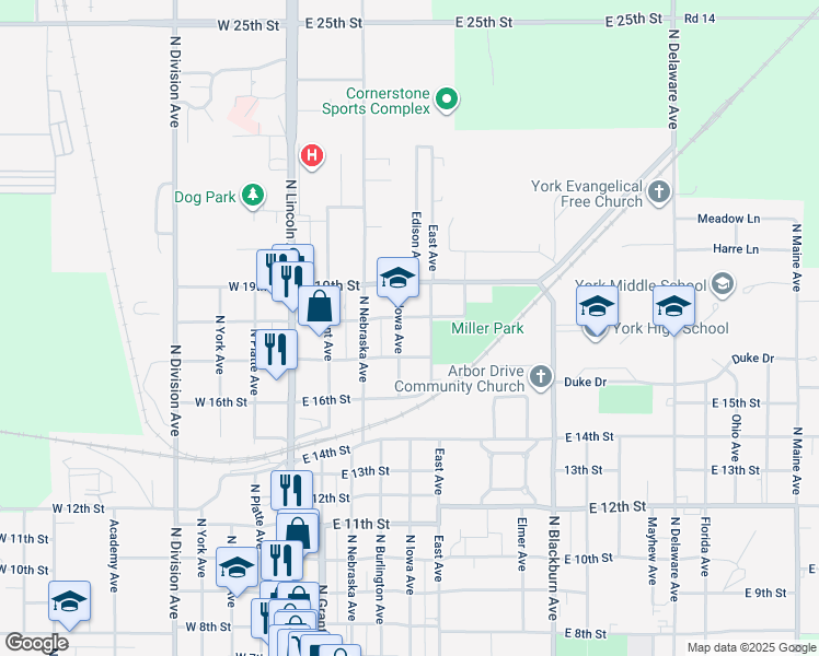 map of restaurants, bars, coffee shops, grocery stores, and more near 408 East 18th Street in York