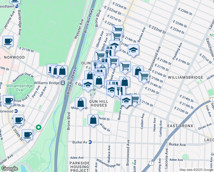 map of restaurants, bars, coffee shops, grocery stores, and more near 728 East 212th Street in Bronx