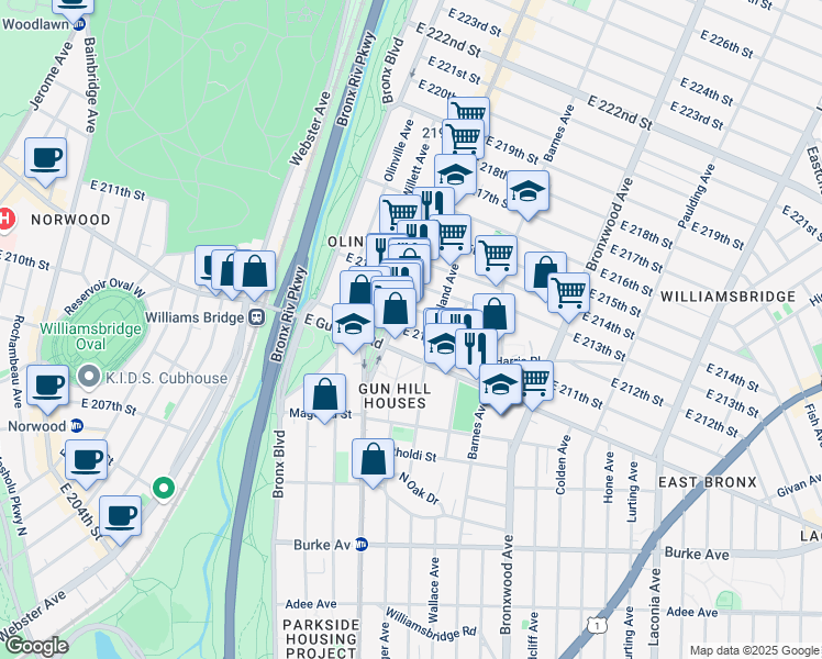 map of restaurants, bars, coffee shops, grocery stores, and more near 728 East 212th Street in Bronx