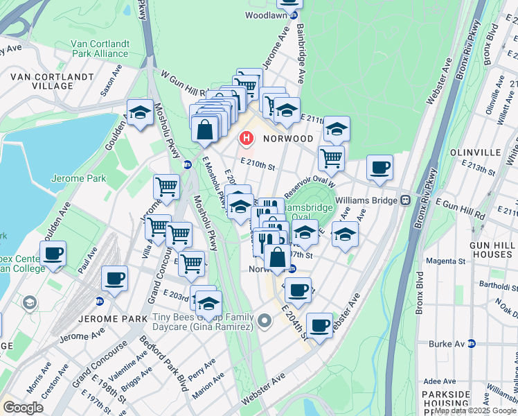 map of restaurants, bars, coffee shops, grocery stores, and more near 106 East 208th Street in Bronx