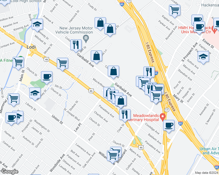 map of restaurants, bars, coffee shops, grocery stores, and more near Garibaldi Avenue in Lodi