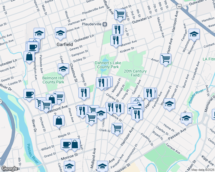 map of restaurants, bars, coffee shops, grocery stores, and more near 399 Midland Avenue in Garfield