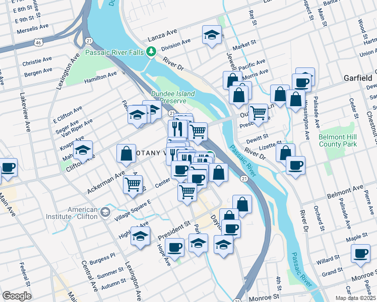 map of restaurants, bars, coffee shops, grocery stores, and more near 73 Ackerman Avenue in Clifton