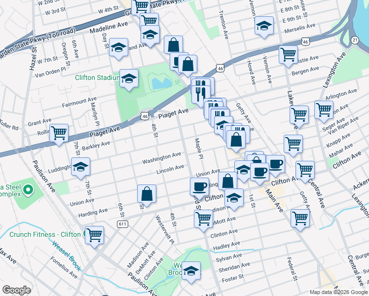 map of restaurants, bars, coffee shops, grocery stores, and more near 309 3rd Street in Clifton