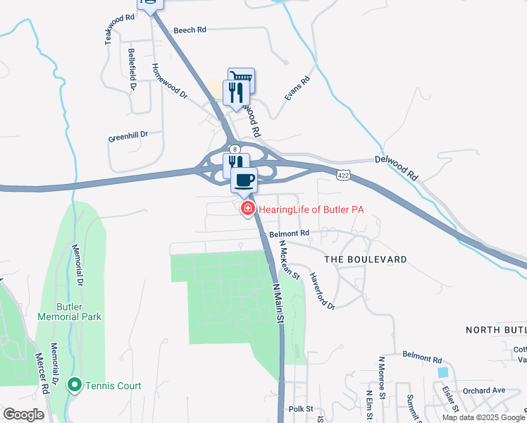 map of restaurants, bars, coffee shops, grocery stores, and more near 103 Cedar Road in Butler