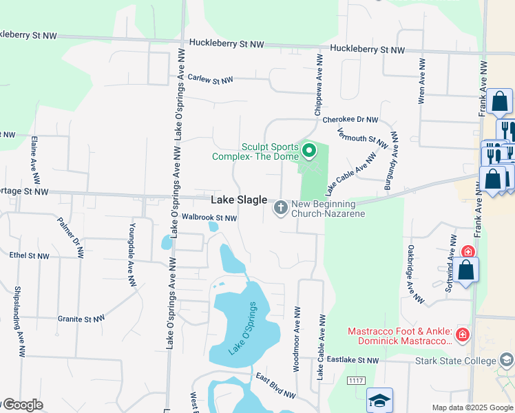 map of restaurants, bars, coffee shops, grocery stores, and more near 5733 Portage Street Northwest in North Canton