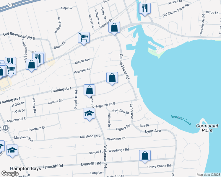 map of restaurants, bars, coffee shops, grocery stores, and more near 16 Carter Road in Hampton Bays