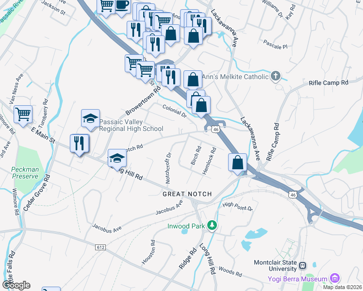 map of restaurants, bars, coffee shops, grocery stores, and more near 8 Notchcroft Drive in Little Falls