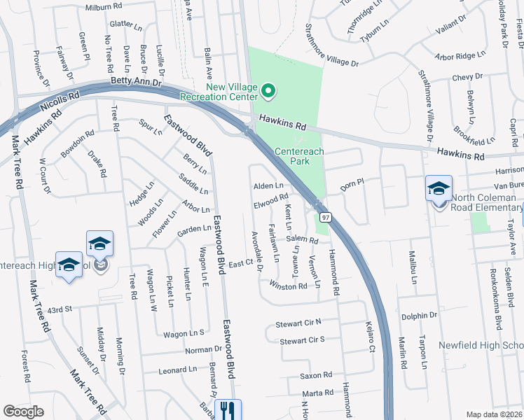 map of restaurants, bars, coffee shops, grocery stores, and more near 62 Fairlawn Lane in Centereach