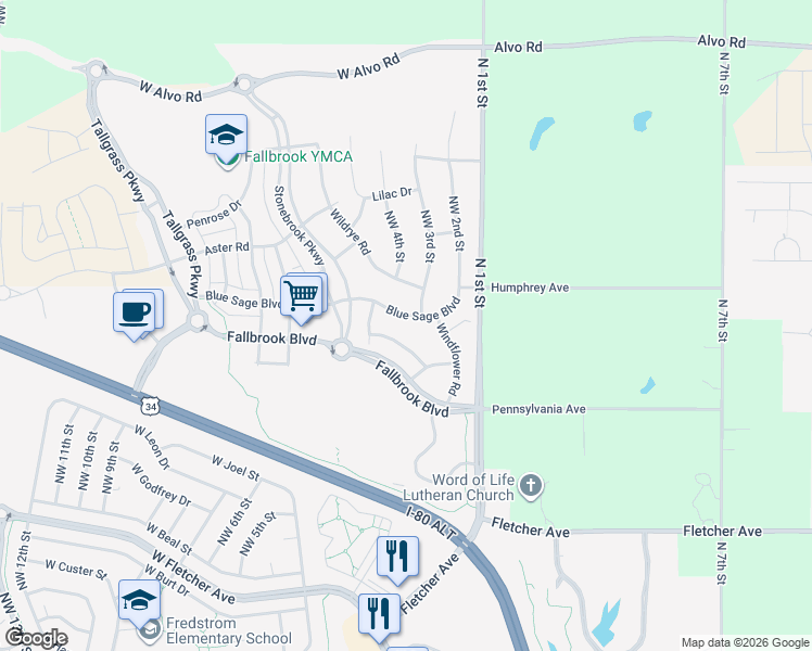 map of restaurants, bars, coffee shops, grocery stores, and more near 307 Blue Sage Boulevard in Lincoln