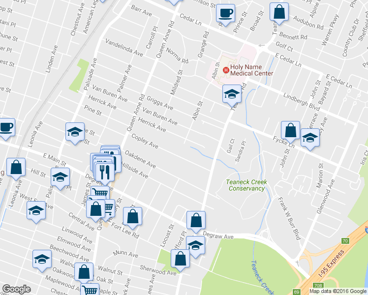 map of restaurants, bars, coffee shops, grocery stores, and more near 525 Albin Street in Teaneck