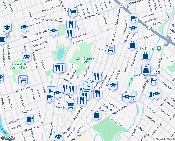 map of restaurants, bars, coffee shops, grocery stores, and more near 91 Elizabeth Street in Garfield