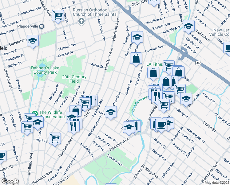 map of restaurants, bars, coffee shops, grocery stores, and more near 45 Willard Street in Lodi