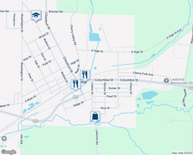 map of restaurants, bars, coffee shops, grocery stores, and more near 337 Columbia Street in Leetonia