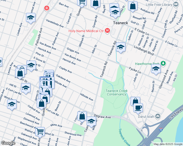 map of restaurants, bars, coffee shops, grocery stores, and more near 46 Herrick Avenue in Teaneck