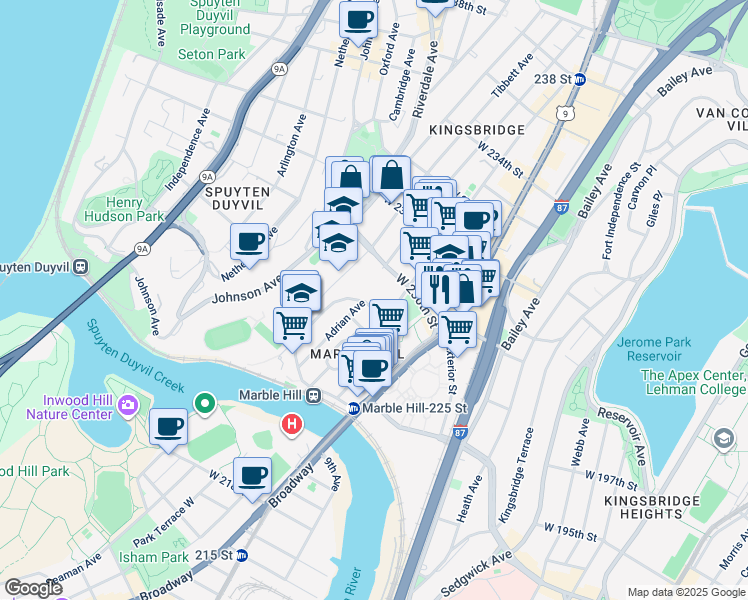 map of restaurants, bars, coffee shops, grocery stores, and more near 169 West 228th Street in Bronx
