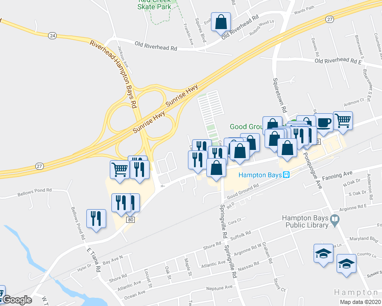map of restaurants, bars, coffee shops, grocery stores, and more near 16 Lamplighters Circle in Hampton Bays