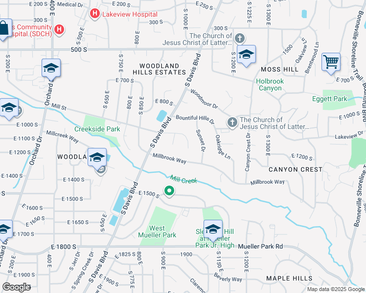 map of restaurants, bars, coffee shops, grocery stores, and more near 992 Mill Street in Bountiful