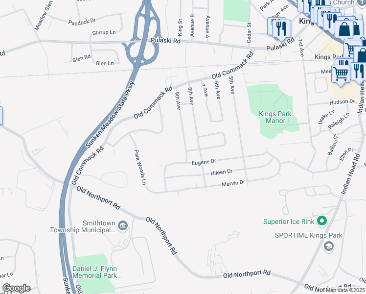 map of restaurants, bars, coffee shops, grocery stores, and more near 114 9th Avenue in Kings Park