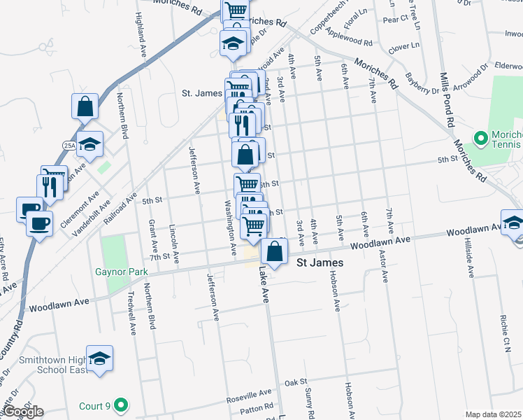 map of restaurants, bars, coffee shops, grocery stores, and more near 298 Lake Avenue in Saint James