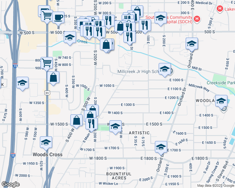 map of restaurants, bars, coffee shops, grocery stores, and more near 1145 South Main Street in Bountiful