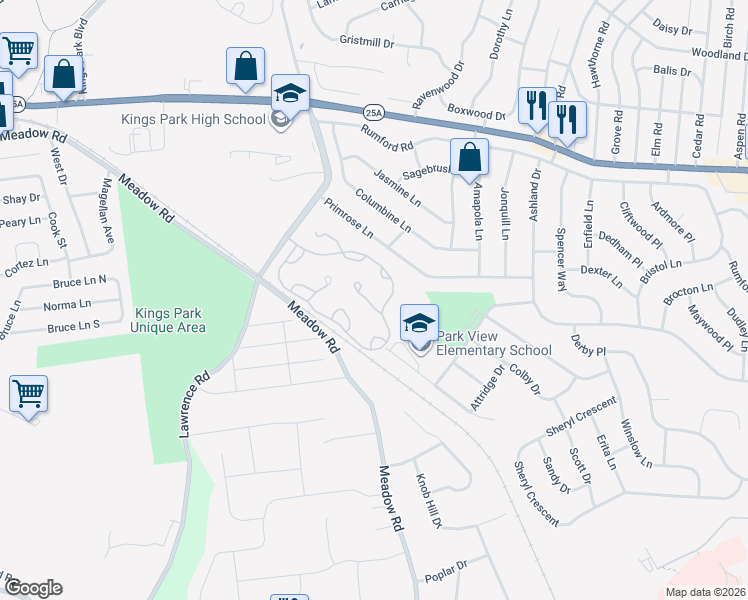map of restaurants, bars, coffee shops, grocery stores, and more near 126 Lakebridge Drive North in Kings Park