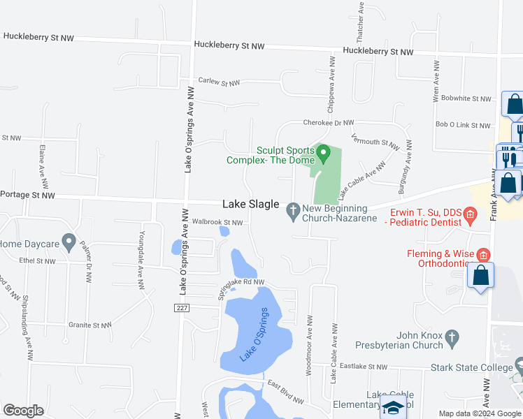 map of restaurants, bars, coffee shops, grocery stores, and more near 5784 Portage Street Northwest in North Canton