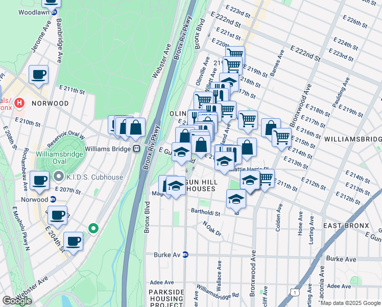 map of restaurants, bars, coffee shops, grocery stores, and more near 3513 White Plains Road in The Bronx