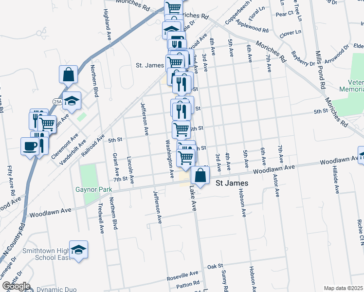 map of restaurants, bars, coffee shops, grocery stores, and more near 298 Lake Avenue in Saint James