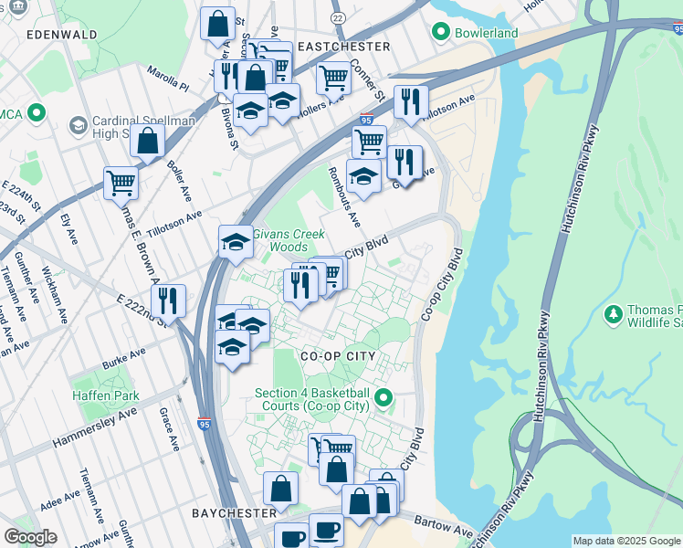 map of restaurants, bars, coffee shops, grocery stores, and more near 131 Dreiser Loop in Bronx