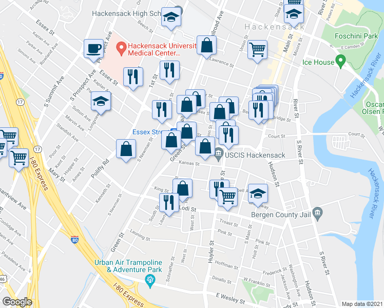 map of restaurants, bars, coffee shops, grocery stores, and more near 119 Essex Street in Hackensack