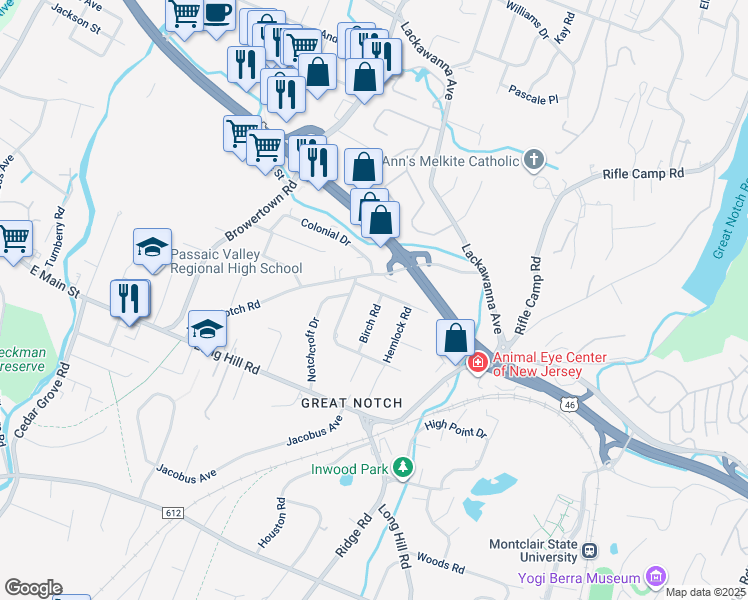 map of restaurants, bars, coffee shops, grocery stores, and more near 1 Birch Road in Little Falls