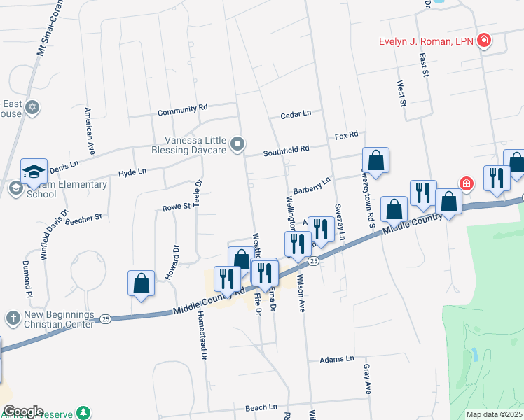 map of restaurants, bars, coffee shops, grocery stores, and more near 25 Westfield Road in Coram