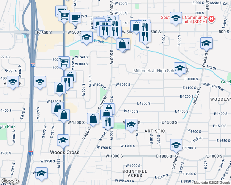 map of restaurants, bars, coffee shops, grocery stores, and more near 1175 South 200 West in Bountiful