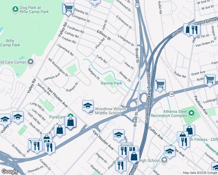 map of restaurants, bars, coffee shops, grocery stores, and more near 141 Rutgers Place in Clifton