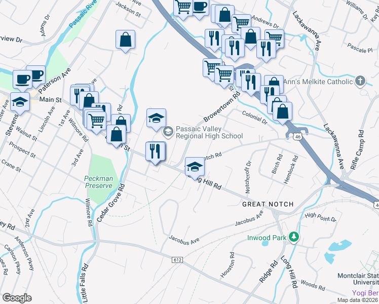 map of restaurants, bars, coffee shops, grocery stores, and more near 52 Browertown Road in Little Falls