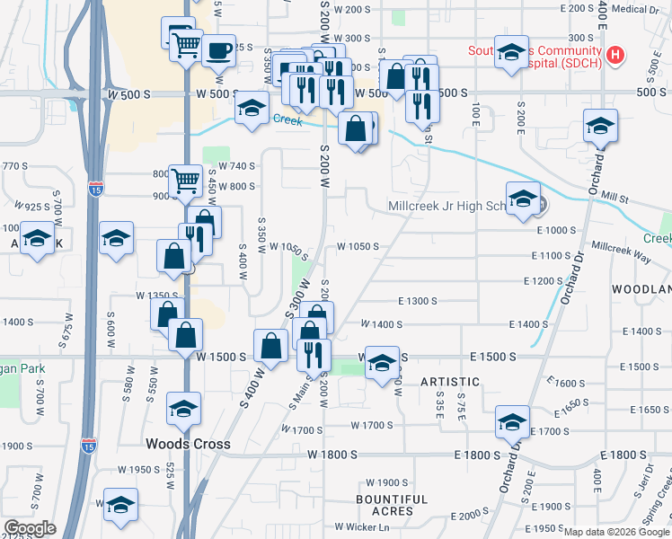 map of restaurants, bars, coffee shops, grocery stores, and more near 1175 South 200 West in Bountiful
