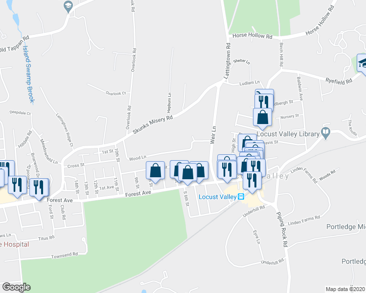 map of restaurants, bars, coffee shops, grocery stores, and more near 8 Wood Lane in Locust Valley