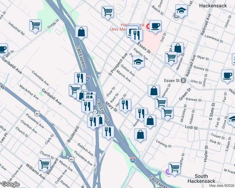 map of restaurants, bars, coffee shops, grocery stores, and more near 159 Kent St in Hackensack