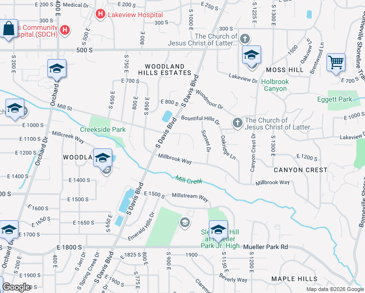 map of restaurants, bars, coffee shops, grocery stores, and more near 992 Mill Street in Bountiful