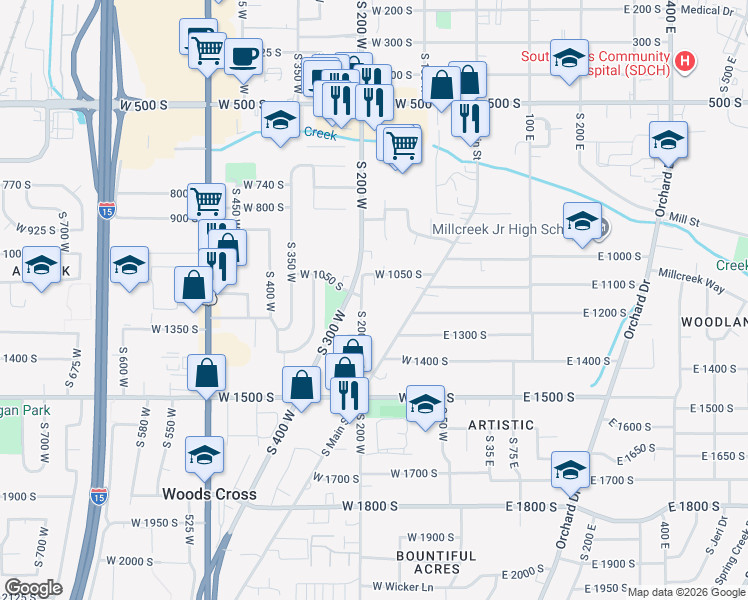 map of restaurants, bars, coffee shops, grocery stores, and more near 1175 South 200 West in Bountiful