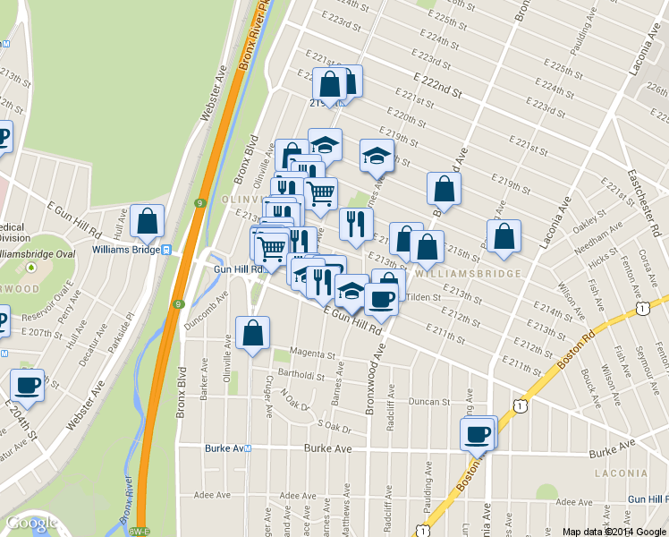 map of restaurants, bars, coffee shops, grocery stores, and more near 3554 Carlisle Place in Bronx