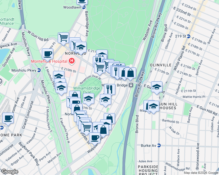 map of restaurants, bars, coffee shops, grocery stores, and more near 3335 Perry Avenue in The Bronx