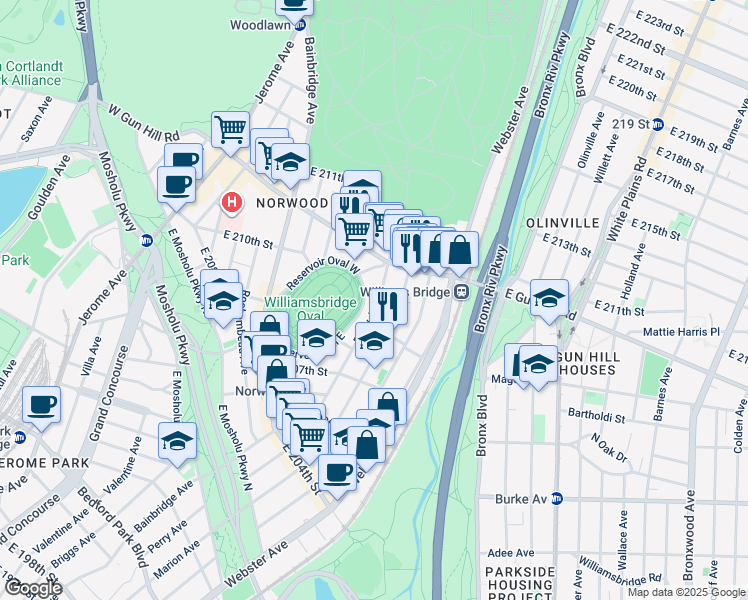 map of restaurants, bars, coffee shops, grocery stores, and more near 3335 Perry Avenue in The Bronx