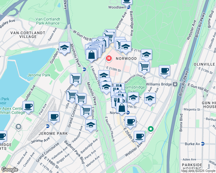 map of restaurants, bars, coffee shops, grocery stores, and more near 106 East 208th Street in The Bronx