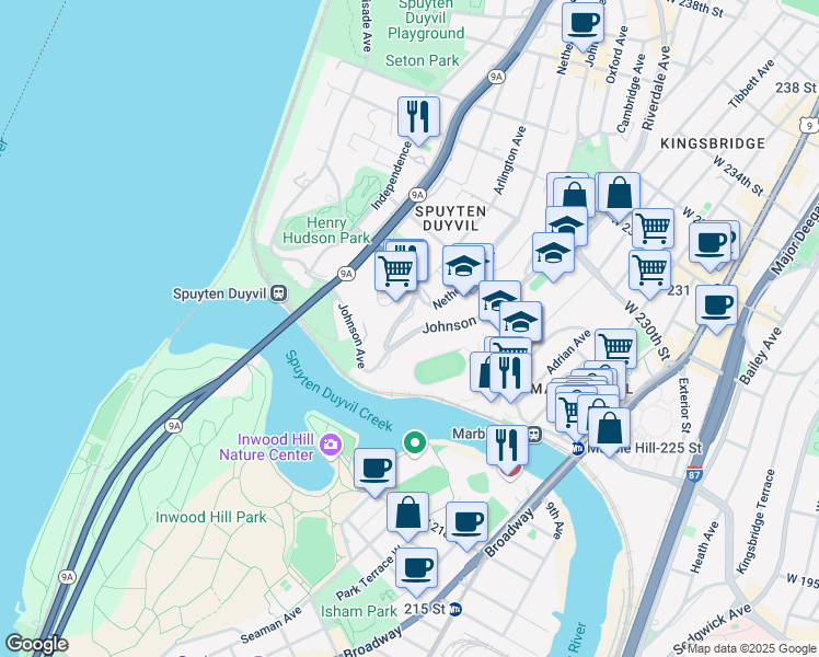 map of restaurants, bars, coffee shops, grocery stores, and more near 555 Kappock Street in Bronx