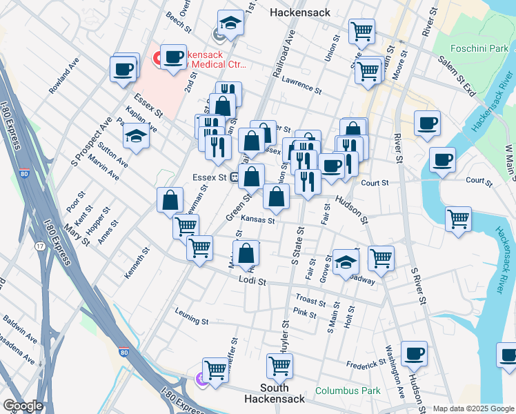 map of restaurants, bars, coffee shops, grocery stores, and more near 119 Essex Street in Hackensack