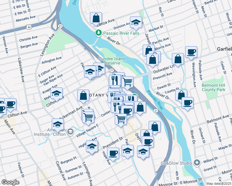 map of restaurants, bars, coffee shops, grocery stores, and more near 93 Randolph Avenue in Clifton