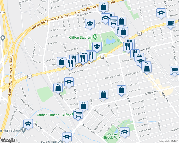 map of restaurants, bars, coffee shops, grocery stores, and more near 18 Montgomery Street in Clifton
