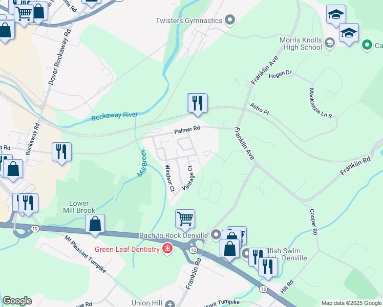 map of restaurants, bars, coffee shops, grocery stores, and more near 417 Dalton Court in Denville